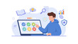 © Isabell - Modern flat illustration of a young person taking an online exam on a laptop, with icons representing education, success, and progress, symbolizing digital learning and assessment in a contemporary