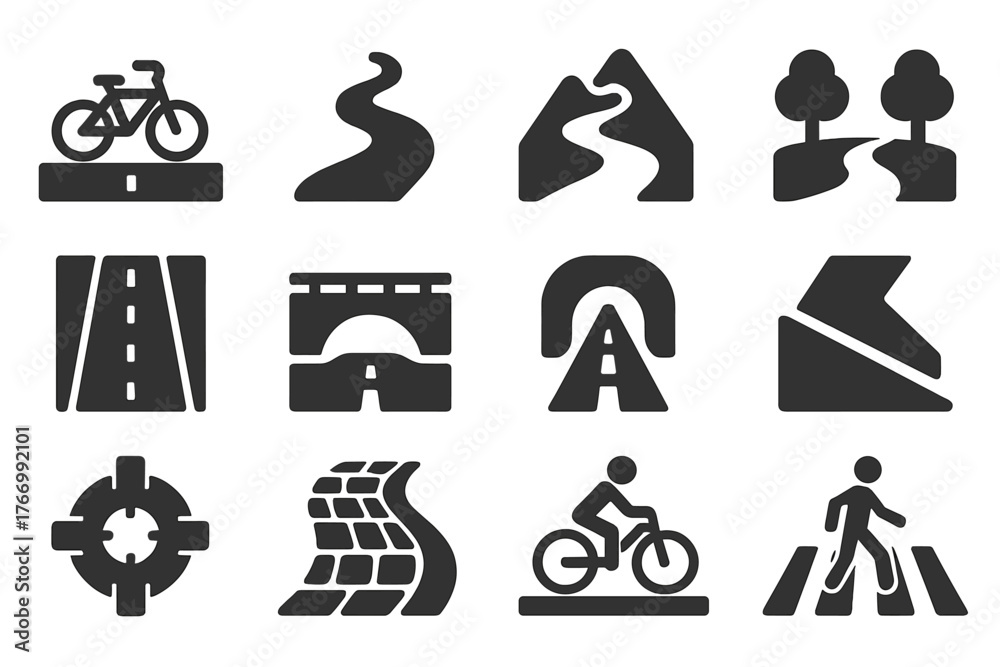 Solid Cycling Path Icons. Solid style icons of Roads and cycling paths ...