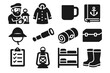 © Sergey - Lighthouse Keeper Icons. Solid style icons of Lighthouse keeper lifestyle: lantern polish, weather coat, coffee mug, nautical