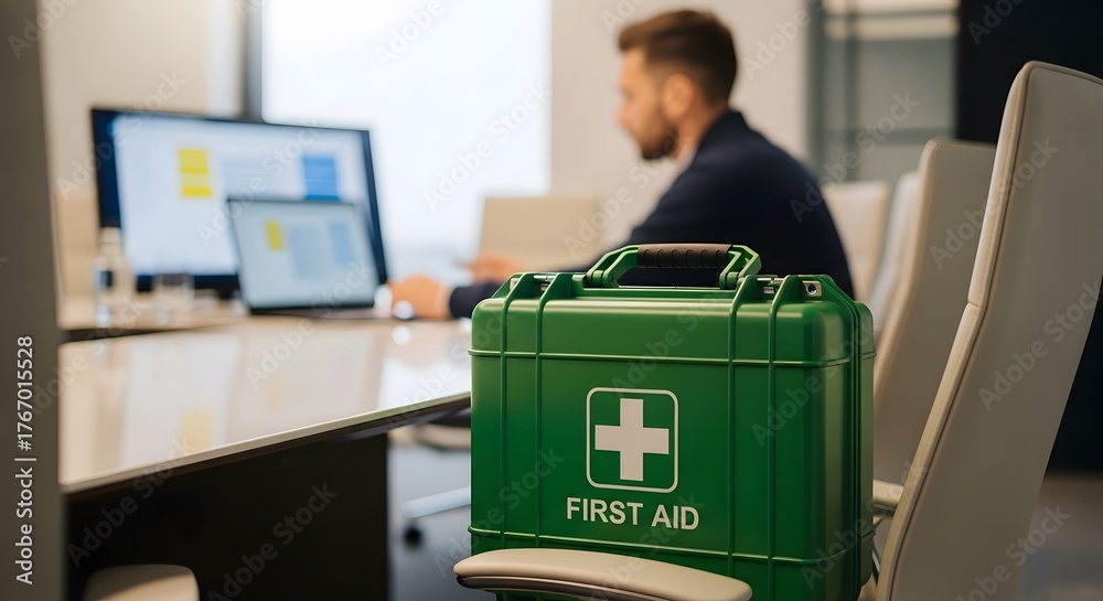 Photo Stock Green first aid kit ready in a modern office for workplace ...