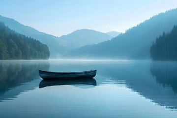 Naklejka na meble Peaceful boat floating on a calm lake surrounded by nature, reflecting the blue sky and trees. Tranquil outdoor landscape perfect for travel, relaxation, and adventure themes.