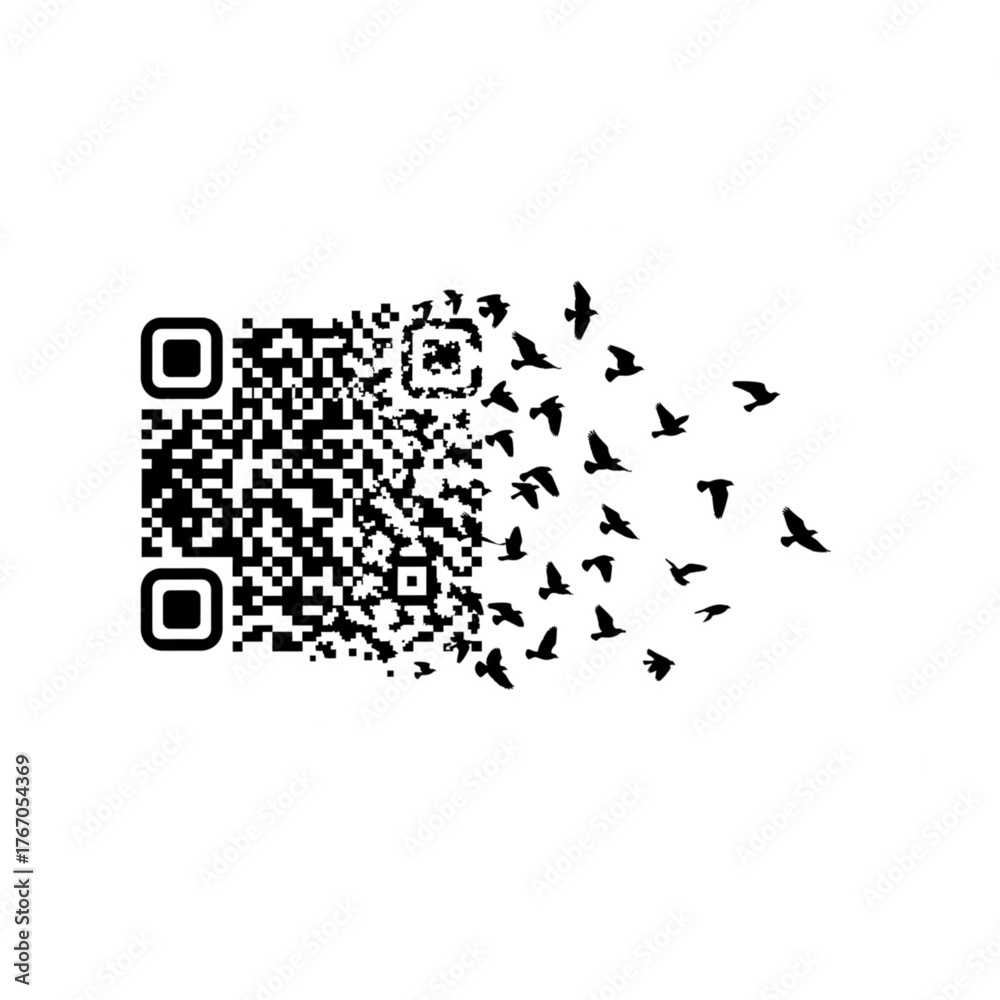 Dynamic QR code transforming into soaring birds, symbol of freedom and