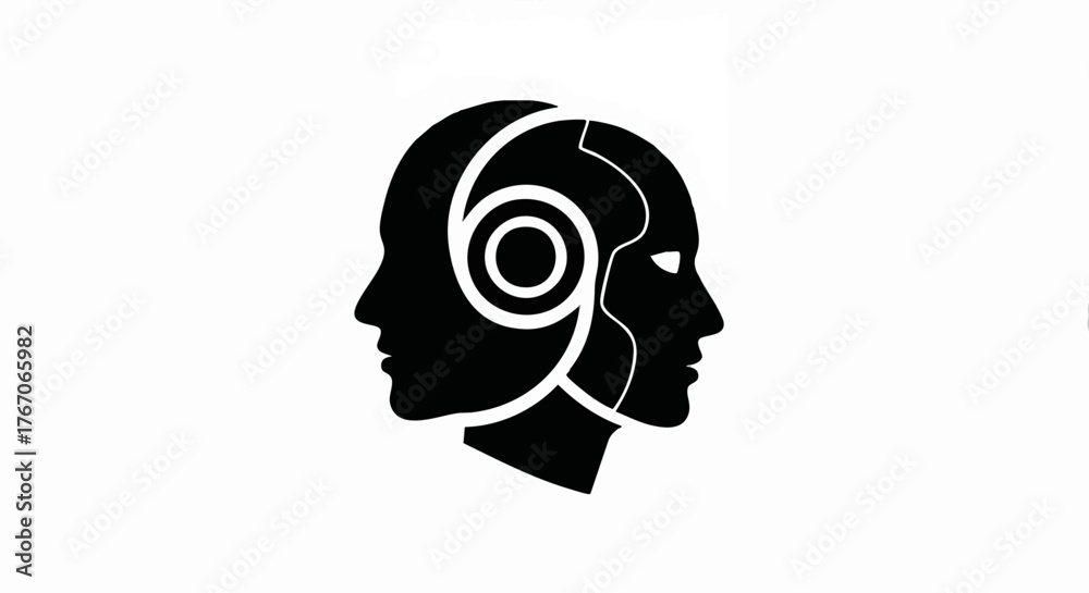 Artificial intelligence concept icon with human and robot profiles ...