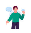 © ae - The guy is standing with a message plane and a comic book cloud. The image of messages in messengers and social networks. The concept of online communication.
