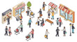 © Avra - Collection of isometric storefronts and shoppers engaged in retail activities, depicting a bustling commercial street scene
