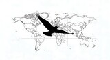 Silhouette of a majestic bird soaring over a detailed world map, symbolizing global reach and freedom.