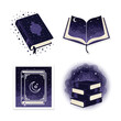 © Ikhbal - Illustrations of books with celestial themes, featuring night sky and moon.