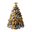 © Jhon - Unique pasta Christmas tree, elegantly crafted with gold and silver metallic pasta shapes, perfect for festive holiday culinary themes, Italian restaurant promotions, winter season greetings,