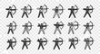 © nina - Multiple archer icons in rows, depicting figures aiming bows and arrows, some with variations in clothing and stance.