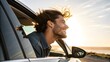© Art by ChannaronG - Sunlit Car Window Moment: Man Leaning Out, Hair Blowing. Man leaning out car window in sunlight, hair flowing, skin glowing from fresh air—candid and relaxed energy.