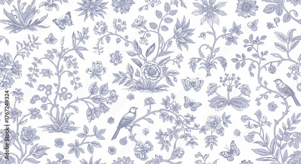 Toile de Jouy Blue Botanical Garden - Vintage Floral Pattern Vector ...