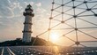 © Lastwizard Shop - quantum error correction A lighthouse stands tall against a scenic sunset, framed by a modern structure.