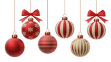 Collection of six festive christmas ornaments with red bows hanging against a dark background isolated on transparent background