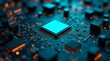 © Pixeling Crafter - Close-up of modern computer processor on motherboard, illuminated with futuristic blue and orange light, advanced semiconductor microchip, digital hardware, and high-performance technology