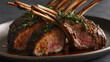 © eyecon - Close-up of sliced rack of lamb cooked medium-rare with caramelized crust, fresh herbs, and glossy sauce. Ideal for gourmet cuisine, food styling, or editorial culinary themes.