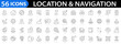 © vectorsanta - Location 56 line icon set. Geolocation, home, map, map pin, destination, directions, distance, place, navigation, gps, directions, address, tracking and more. Vector illustration