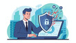 © Delia - Illustrative vector graphic of a businessman in a suit using a laptop, holding a shield with a lock icon to protect personal data from digital threats, with city buildings and server racks in the