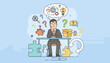 © Rona - Confused businessman sitting at a desk surrounded by question marks, puzzle pieces, a broken piggy bank, and a lightbulb with a crack, symbolizing doubt, problem-solving, and curiosity in business