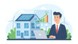 © Jillian - Businessman using a laptop with a virtual screen displaying a rising graph and energy efficiency rating A++ next to a house with solar panels and wind turbines, symbolizing green energy and