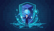 © Jillian - Businessman standing in front of a server rack protected by a digital shield, symbolizing cybersecurity and data protection, with glowing icons of locks, cubes, and a globe representing global