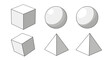© Hanna - Set of basic 3D geometric shapes including a cube, sphere, and pyramid, rendered in a clean, isometric perspective with subtle shading against a black background, ideal for educational or design