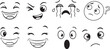 © Maddy - Set of expressive cartoon face icons in black and white line art, featuring various emotional expressions including joy, wink, sadness, confusion, surprise, and mischief with playful animated style.