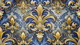 European and Western Fleur-de-Lis Ornate Seamless Repeat, Gold Baroque Damask on Blue, Luxury Heraldic Pattern, Tileable Gilded Wallpaper Background