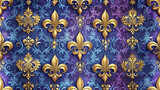 European and Western Fleur-de-Lis seamless repeat pattern, ornate gold damask on purple and blue, luxury baroque rococo heraldic wallpaper background, tileable decorative motif
