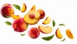 © David - vibrant falling peach pieces and whole fruits for summer snack designs antioxidant rich food content and fruity compositions sliced peach and whole stone fruit isolated falling down