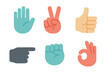 © Andrei - Six colorful hand gestures collection including stop sign, peace sign, thumbs up, pointing, fist, and OK symbol
