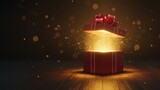 A glowing red gift box with golden light and sparkles shining for magical new year, christmas, and diwali surprise