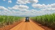 © Cleverson - Tractor navigates a dirt road amidst a vibrant sugarcane field under a cloudy blue sky, a scene embodying agriculture and rural life.