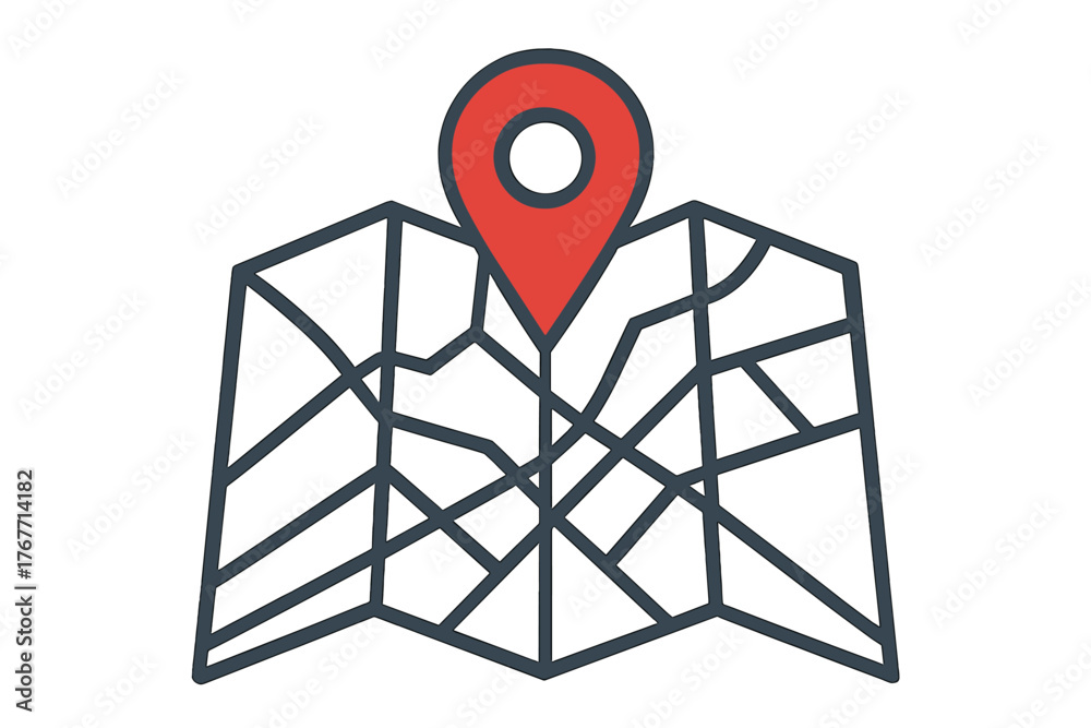 Stylized folded street map showing routes and marked with a bright red ...
