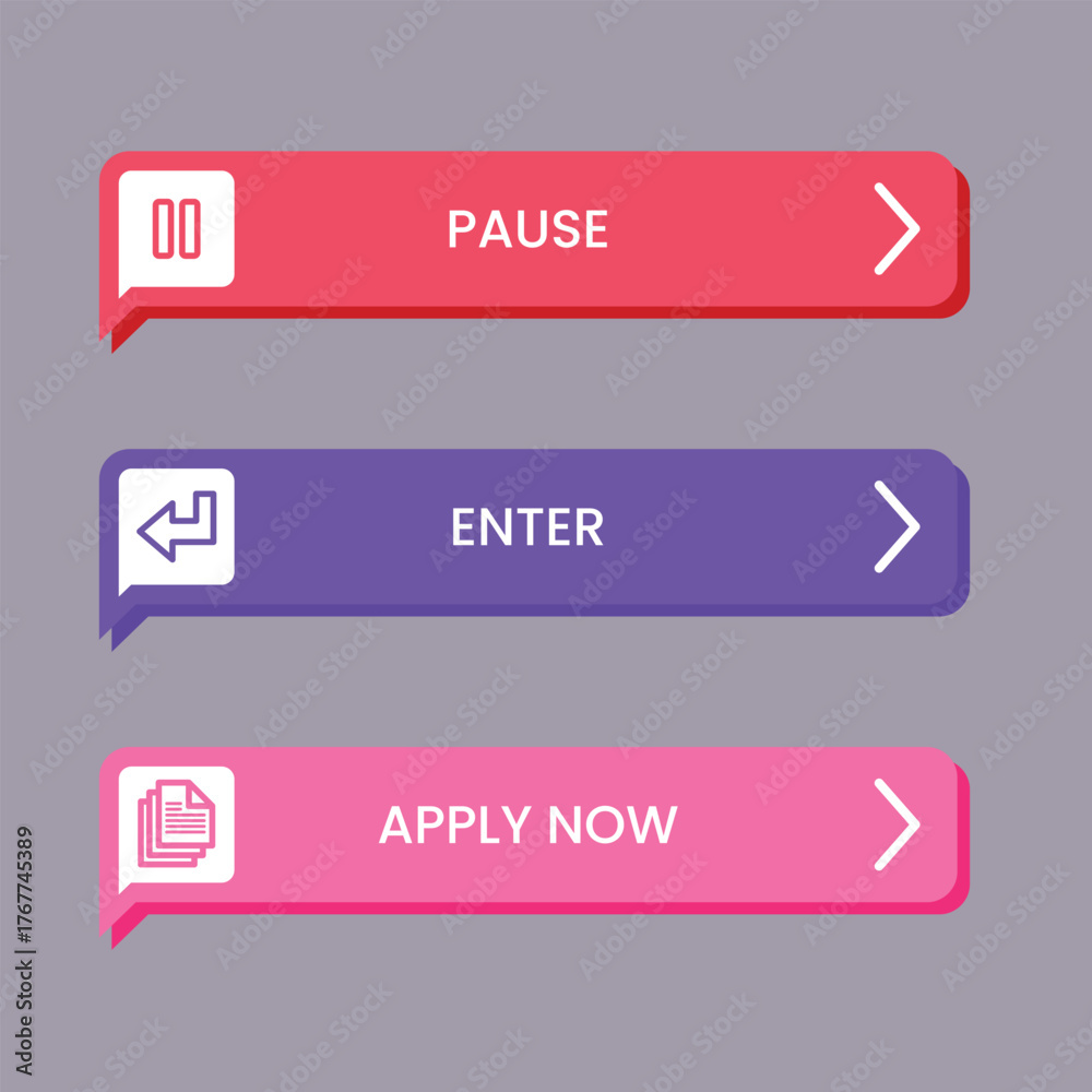 Colorful Buttons with Pause, Enter, and Apply Now Text for Website or ...