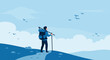 © Pebri - Adventurer Ascending A Mountain Trail, Observing Flying Birds And The Vast Horizon