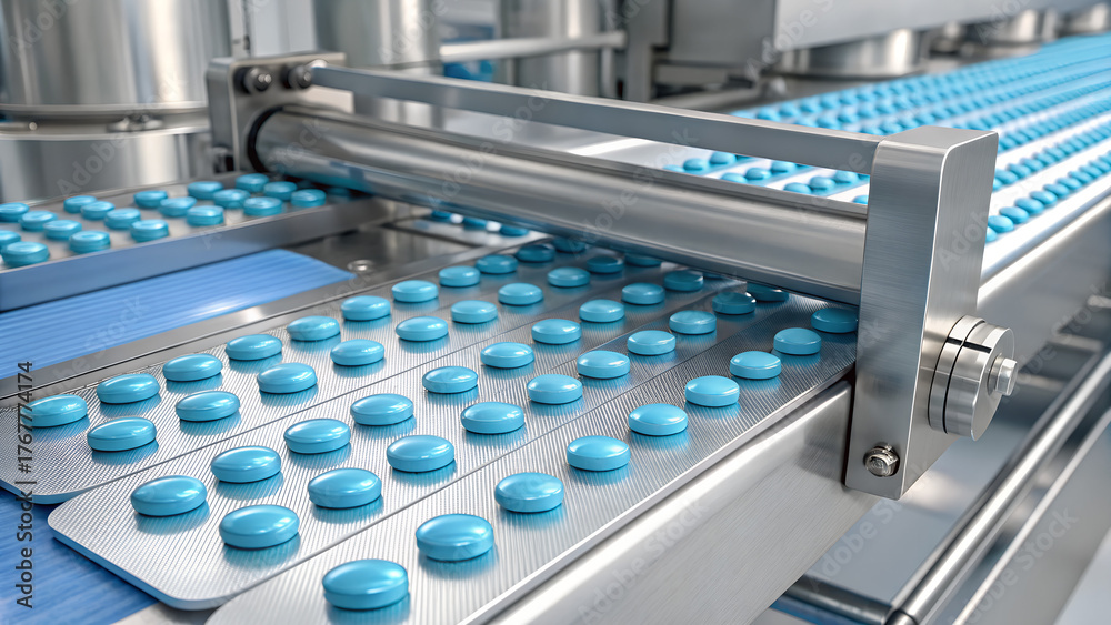 Farmacy Manufacturing Process Photo Stock Drug manufacturing process. Conveyor with medical tablets ...