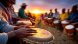 Community drum circle at sunset on a dusty field, hands in motion blur, Africa, drums, music, community, culture, rhythm, sunset, gathering, with copy space