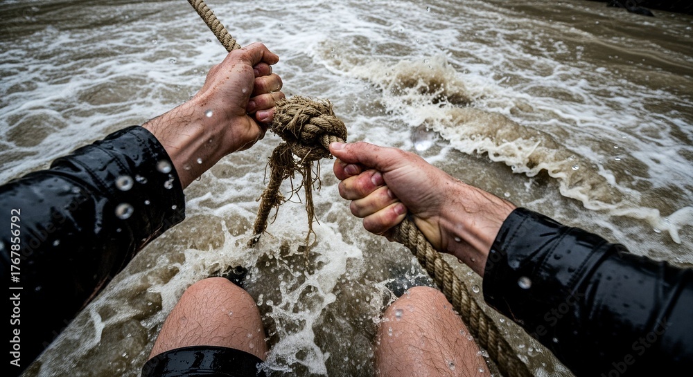 Person's hands gripping a thick rope over rushing, turbulent water ...