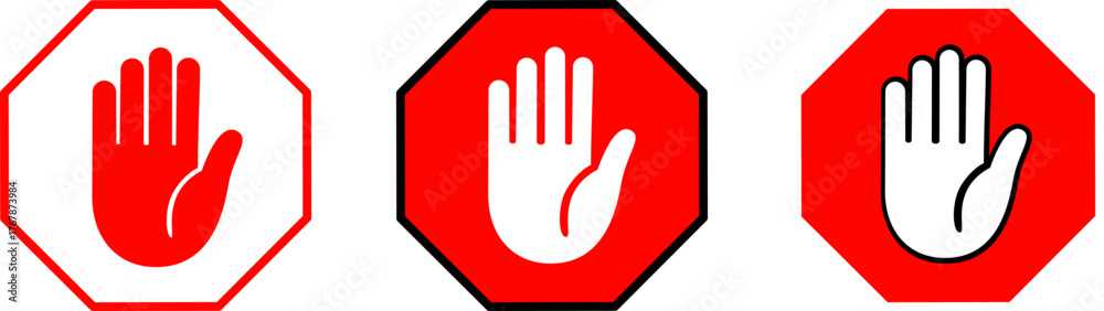 Stock-Vektorgrafik „Stop sign icons in octagonal shapes, open hand ...