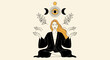 © MilioDerestd.co - Mystical woman meditating under celestial sun and moon symbols.
