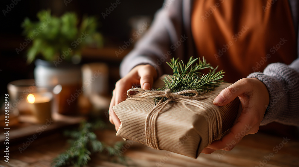 Hands wrapping present in eco friendly kraft paper with natural twine ...