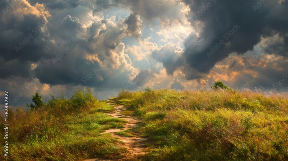 Winding path ascending grassy hill under dramatic stormy sky with sun ...
