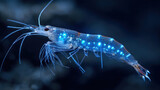 Transparent bioluminescent shrimp glowing blue, underwater macro photography of deep sea crustaceans