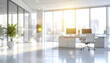 © Thanthara - Modern office interior with bright natural light, white furniture, and green plants creating fresh and inviting workspace atmosphere with soft glowing bokeh accents