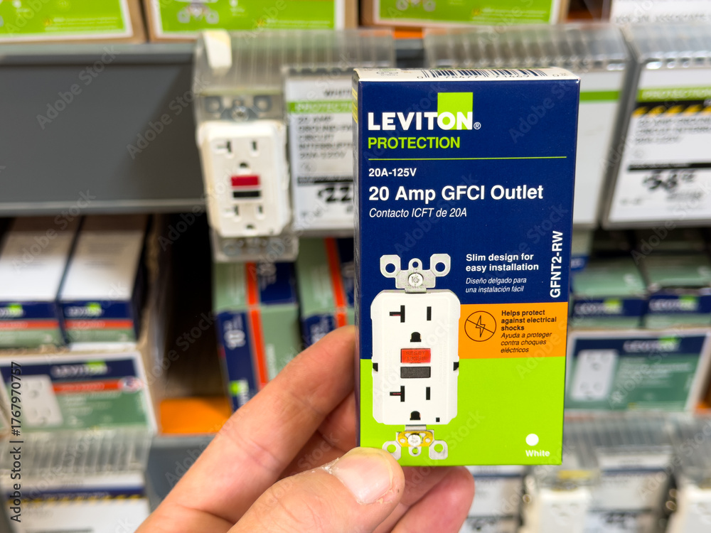 Leviton 20 Amp GFCI Outlet Product Display In Hardware Store Stock ...