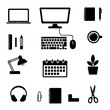 © dlu - Collection of office and workspace icons including computer, laptop, desk lamp, calendar, notebook, scissors, headphones, and plant