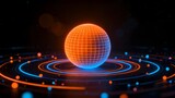A glowing orange and blue sphere with a grid pattern floats above concentric rings on a dark background, surrounded by illuminated dots.