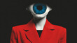 © Kunut - Striking minimalist collage features mannequin wearing vibrant red blazer, with large blue eye replacing head, evoking curiosity and intrigue