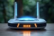 © btiger - Modern wireless router with glowing blue lights and illuminated indicators placed on wooden surface with blurred green background