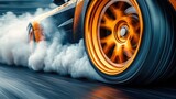 Close-up of an orange sports car tire spinning rapidly on wet asphalt producing thick white smoke and water spray, capturing motion and energy